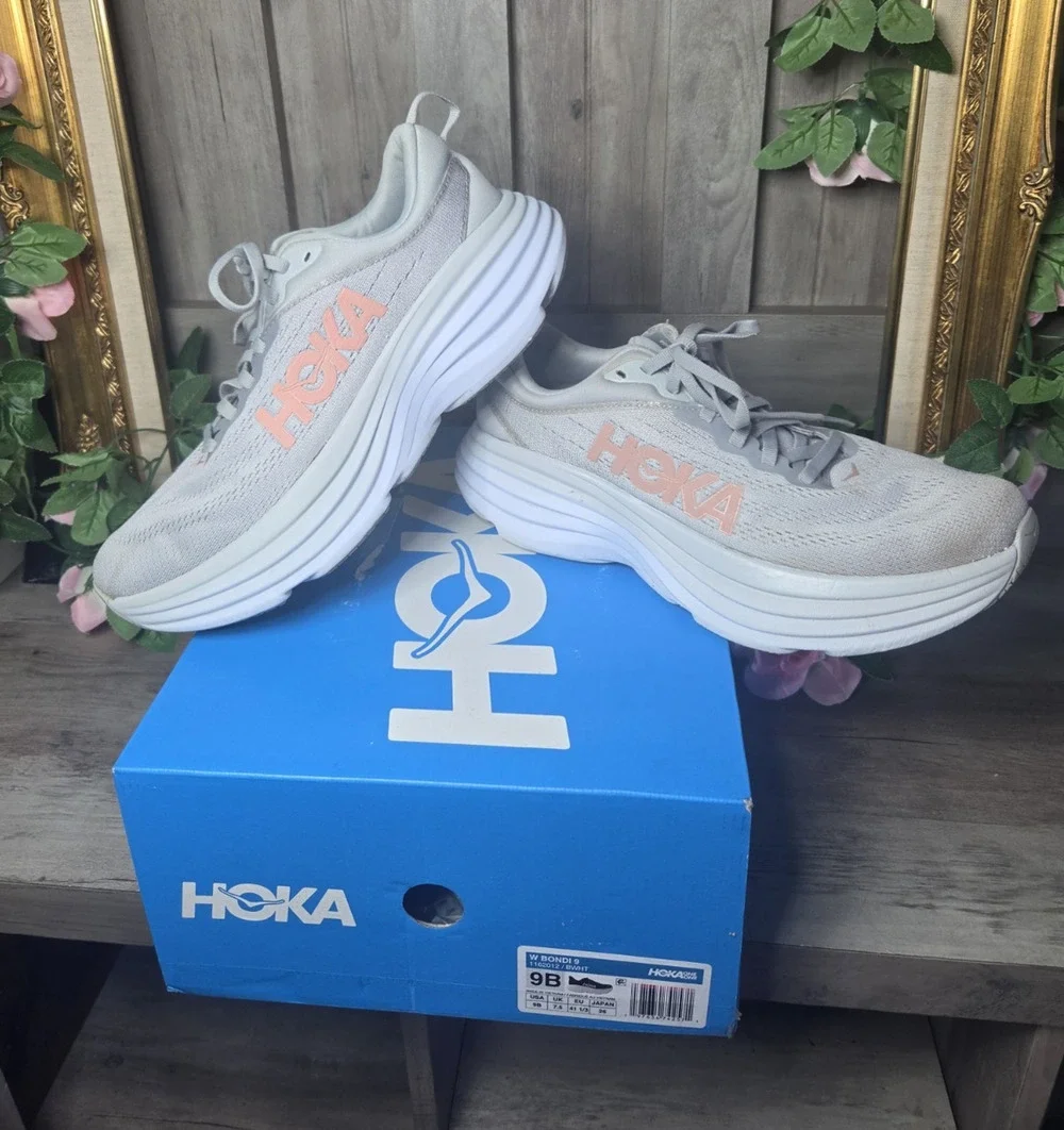 HOKA Bondi 8 Womens Size 9B Gray Pink Running Walking Shoes Sneakers 1127952